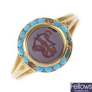 A late 19th century gold sardonyx and turquoise cluster ring.