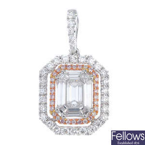 A 'pink' diamond and diamond cluster pendant.