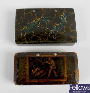  Two late 19th century French papier mache rectangular snuff boxes