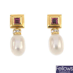 A pair of 18ct gold tourmaline, diamond and freshwater cultured pearl ear pendants.