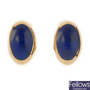 A pair of 9ct gold lapis lazuli earrings.