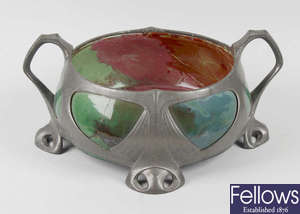 An Art Nouveau pewter and pottery bowll