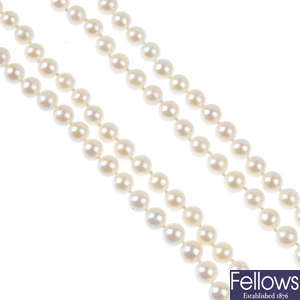 A selection of three cultured pearl necklaces.