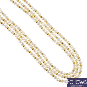 A selection of three cultured pearl single-row necklaces.