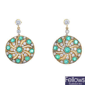 A pair of 18ct gold emerald and diamond ear pendants. 