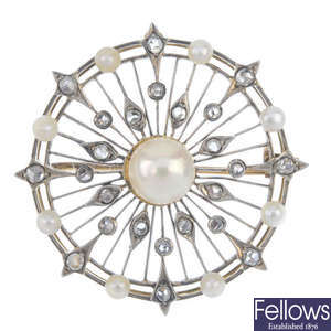 An early 20th century silver and 14ct gold split pearl and diamond brooch.  