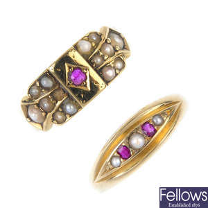 Two mid and late Victorian 18ct gold ruby and split pearl rings. 