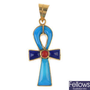 A turquoise, lapis lazuli and coral ankh cross pendant.