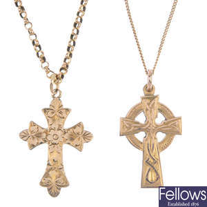 Two early to mid 20th century 9ct gold cross pendants.