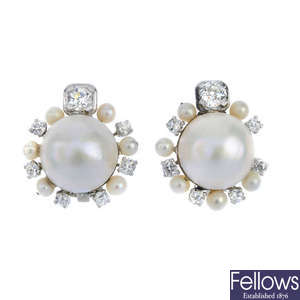 A pair of mabe pearl, diamond and seed pearl cluster earrings.