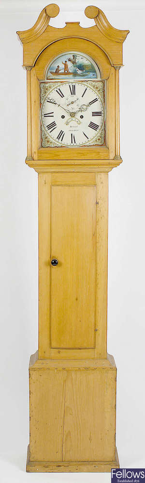 A 19th century pine-cased 8-day painted dial longcase clock