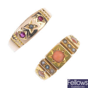 Two mid and late Victorian 15ct gold gem-set rings. 