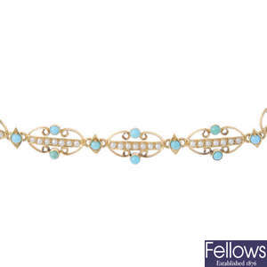 An early 20th century 15ct gold turquoise and split pearl bracelet.