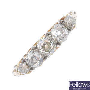 A late 19th century 18ct gold diamond five-stone ring. 