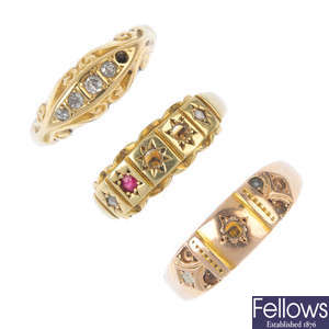 Three early 20th century gold gem-set rings and ring mounts.
