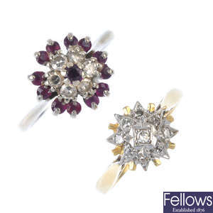 A selection of three diamond and gem-set cluster rings.