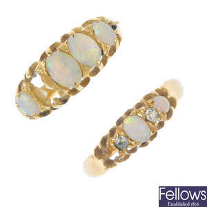 Two early 20th century 18ct gold opal and diamond rings.