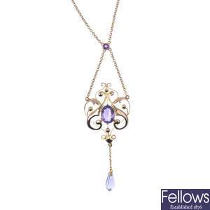An early 20th century 9ct gold amethyst pendant. 
