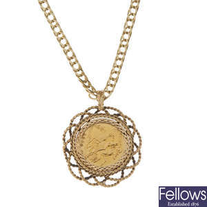 A 9ct gold mounted half sovereign pendant, with chain. 