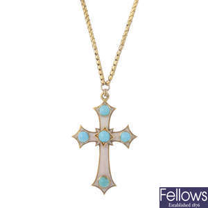 A late 19th century gold, enamel and turquoise cross pendant on chain.