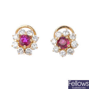 A pair of ruby and diamond floral cluster ear studs.
