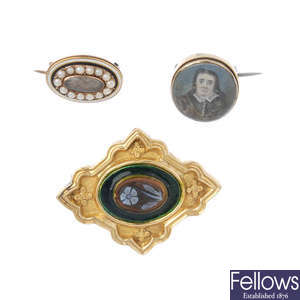 A selection of three 19th century gold brooches. 