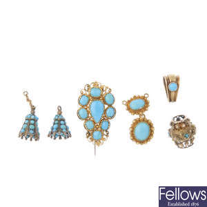 A selection of mid 19th century and later turquoise jewellery. 