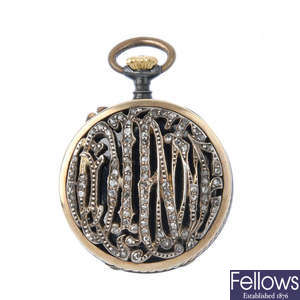 A late 19th century silver and gold diamond pocket watch, together with black cord watch chain with diamond loop. 