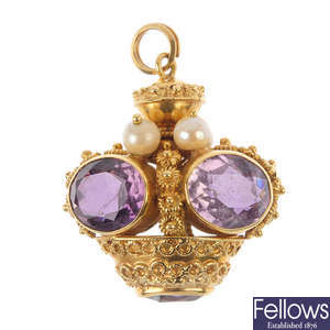 An amethyst and cultured pearl fob pendant.