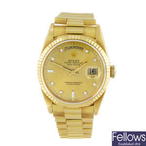 ROLEX - a gentleman's 18ct yellow gold Oyster Perpetual Day-Date bracelet watch. 