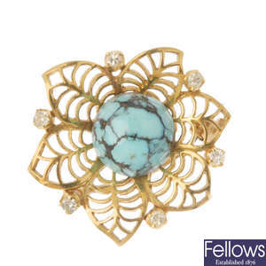 An 18ct gold turquoise and diamond brooch.