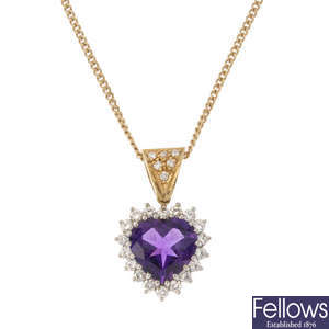 An 18ct gold amethyst and diamond pendant, with chain.
