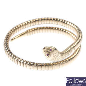 A 9ct gold ruby snake bracelet.