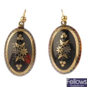 A pair of late 19th century tortoiseshell pique earrings and jewellery components..