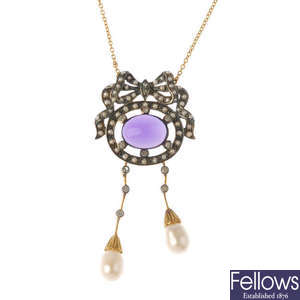 An amethyst and cultured pearl pendant.