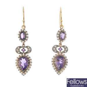 A pair of amethyst, diamond and split pearl ear pendants. 