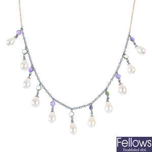 A cultured pearl and gem-set necklace. 