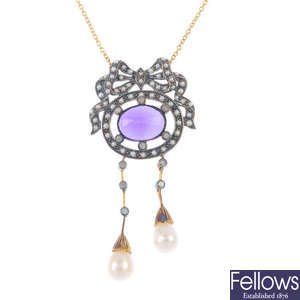 An amethyst, cultured pearl and diamond pendant.