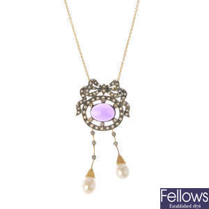 An amethyst, split pearl and diamond necklace.