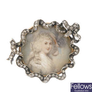 A late 19th century silver and gold diamond miniature portrait brooch. 
