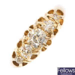 An Edwardian 18ct gold diamond five-stone ring. 