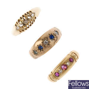 A selection of three early 20th century gold diamond and gem-set rings.