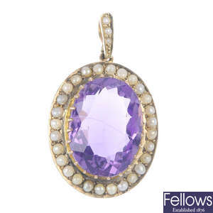 An amethyst and split pearl pendant.