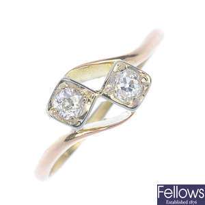 A diamond two-stone crossover ring.