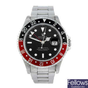 ROLEX - a gentleman's stainless steel Oyster Perpetual GMT-Master II bracelet watch.
