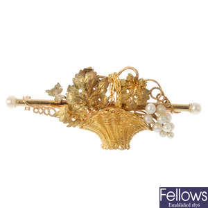 A late 19th century gold and seed pearl brooch.