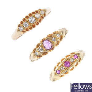 A selection of three diamond and ruby rings. 