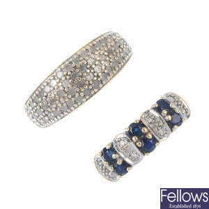 Two 9ct gold diamond and gem-set dress rings.