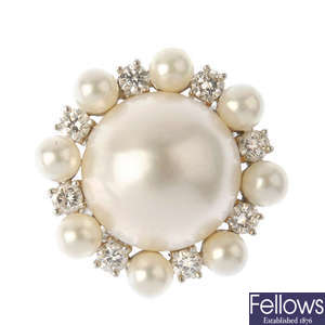 An 18ct gold mabe pearl, cultured pearl and diamond cluster ring.