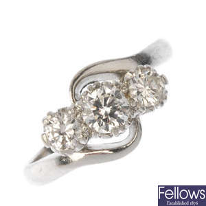 A platinum diamond three-stone ring.